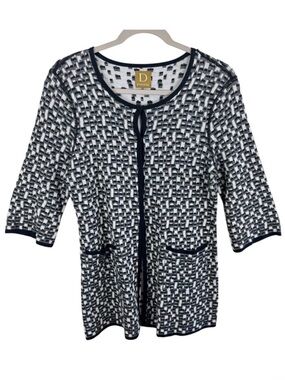 DAMASK Women's Black White Geometric Knit 3/4 Sleeve Snap‎ Up Cardigan Sweater M